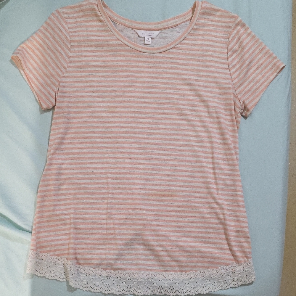 LC Lauren Conrad Pink and White Striped Short Sleeve Tee